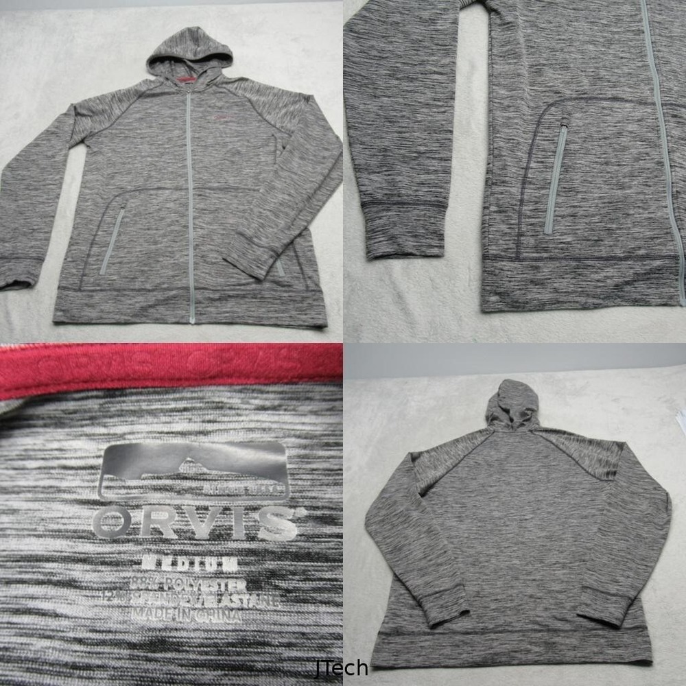 Orvis Full Zip Hoodie Men Medium Gray Space Dye Tech Raglan Sleeve Sweatshirt